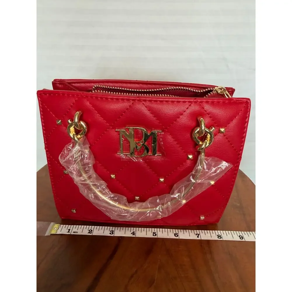 Badgley Mischka Red Quilted Studded Top Handle Satchel Crossbody NWT $129